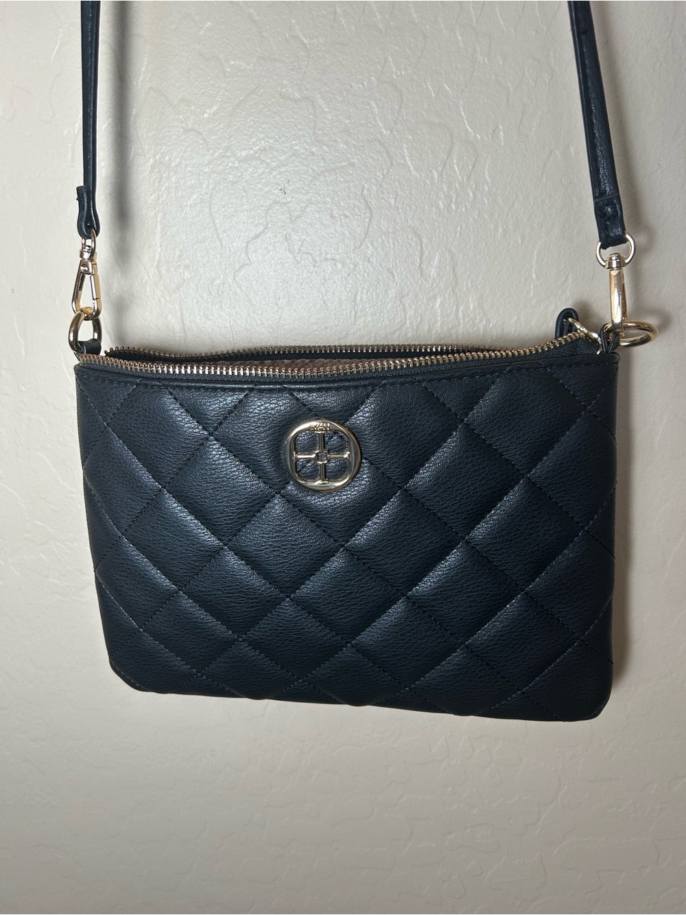 IMAN Quilted Black Long Crossbody Bag with Gold Accent Wristlet style also EUC